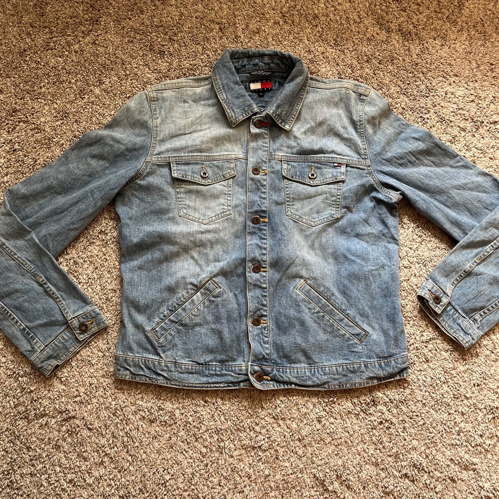 Vintage Tommy Hilfiger Denim Jacket Women XL Blue Faded Jean 90s Western Trucker